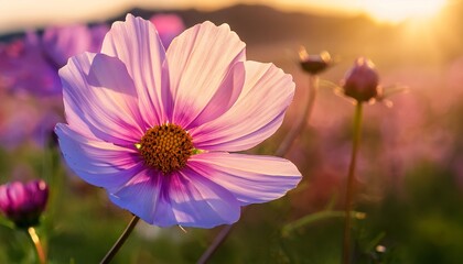 Fototapeta premium cosmos close up of a delicate cosmos flower in full bloom its petals stretching toward the warm afternoon sun