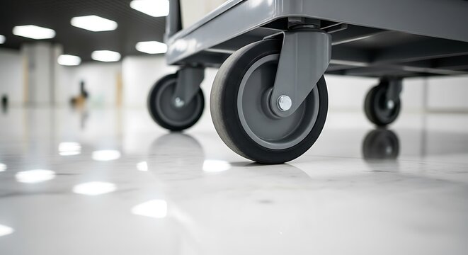 Close-up of industrial cart caster wheels on a clean, reflective white floor of a commercial building, representing logistics and transport.