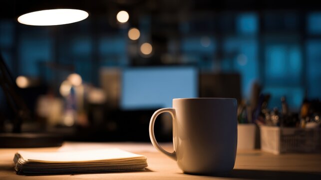 Empty notebook and coffee mug on desk under lamp glow, suitable for programming advertisements, office lifestyle, or tech education promotions.