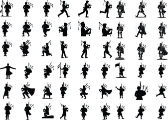 Man Playing Bagpipe Silhouette Set – Scottish Folk Icon Design Traditional Bagpiper Silhouettes – Musician Icon Pack in Black Style