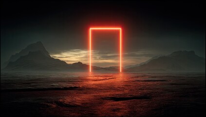 Neon red rectangular portal in a desolate landscape