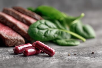iron supplement bottle with placed near fresh spinach leaves and sliced rare steak