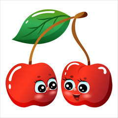 Cute cartoon cherries with faces and leaf on white background.