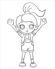 Happy cartoon girl celebrating with raised hands in overalls line art.