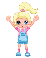 Cheerful cartoon girl with blonde hair and overalls smiling and raising hands.
