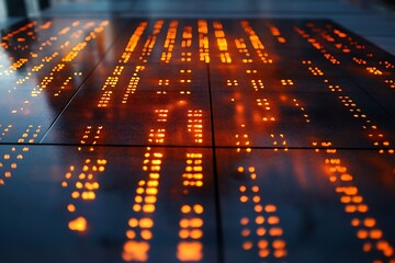 A top-down view of binary numbers etched into a glowing surface 