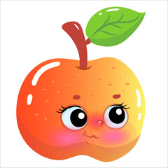 Cute cartoon apple with big eyes and leafy stem on white background.