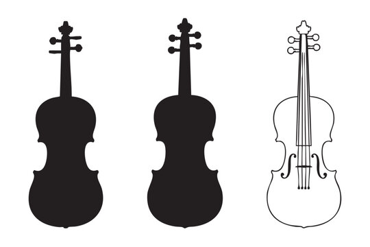 Black and white outline and silhouette of a cello or double bass contrabass string instrument