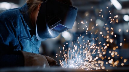 Welder performing a detailed task in a workshop with sparks flying around