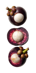 Three mangosteen fruits, top-down view, showing their sections