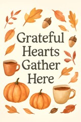Autumn Wall Art Printable – “Grateful Hearts Gather Here” Quote with Pumpkins, Leaves & Acorns – 8x10” Fall Decor
