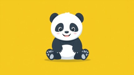 Cute cartoon panda sitting on a yellow background.