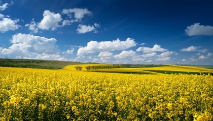 Obraz premium vibrant yellow flower field under a blue sky with puffy white clouds