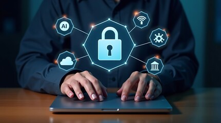 Businessman holding a laptop with social media icons connecting a global network