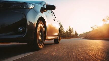 Fast car on illuminated road evoking thrill, suitable for auto industry visuals, web graphics, or motion-themed promotions, emphasizing velocity and open-road spirit.