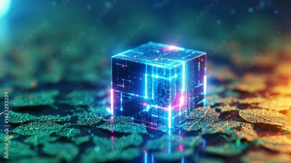 Poster a glowing futuristic cube surrounded by shimmering green leaves on a reflective surface creating a c