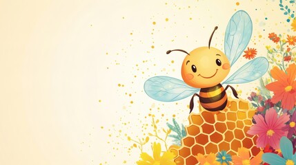 Happy bee on honeycomb amidst colorful flowers.