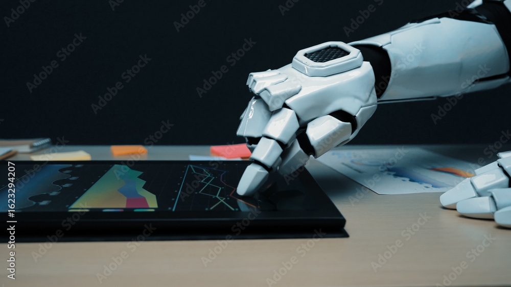 Poster a robotic arm demonstrates interaction with a digital tablet featuring various analytical graphs, il