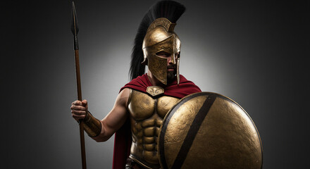 Obraz premium Studio-style image of a Spartan warrior in authentic attire, ideal for educational or historical design purposes.
