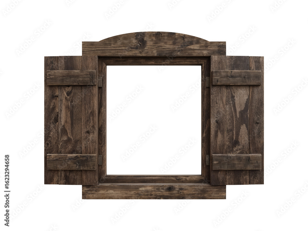 Poster rustic weathered wooden window frame with open shutters offering view into the void