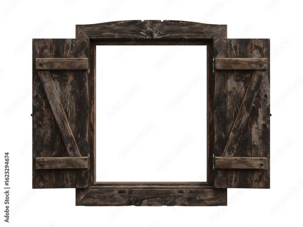 Poster rustic weathered timber window frame with open shutters on a transparent isolated space inviting