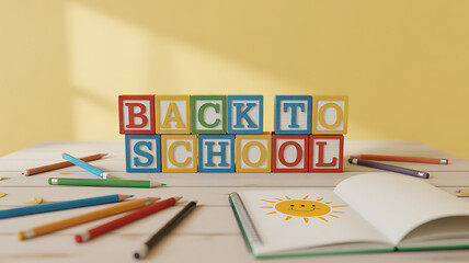 Excitedly preparing for learning with colorful alphabet blocks spelling "Back to School" alongside art supplies and a sunny drawing.