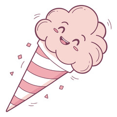 Cute pink cotton candy cone character isolated on white background