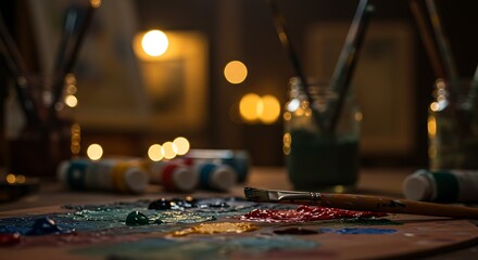 Artistic paint palette with various colors and paintbrushes in a dimly lit artist's studio.
