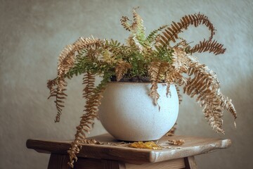 nephrolepis fern in a white pot with large empty patches and dried-out fronds, brown crispy leaves 