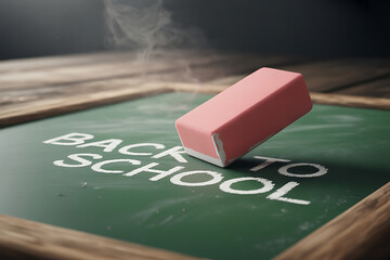 Chalk dust swirls as an eraser wipes away 'Back to School' on a vintage chalkboard, signifying new beginnings and fresh starts.