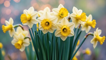 Obraz premium A bouquet of yellow-centered white daffodils with green stems, set against a blurred colorful background.