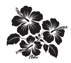 Black and white silhouette of three hibiscus flowers with leaves and the word Aloha floral tropical © MD. HASAN ALI