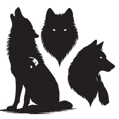 Black and white silhouette of three wolves howling and looking wolf animal