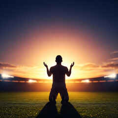 Fototapeta premium Inspiring Athlete Silhouette Praying at Sunset Stadium - Powerful Art