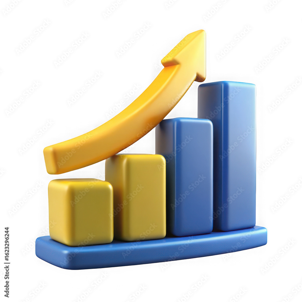 Poster illustration of 3d render of bar chart with arrow showing business growth isolated on transparent ba