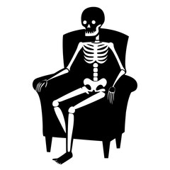Skeleton sitting on a armchair black and white icon on white background.