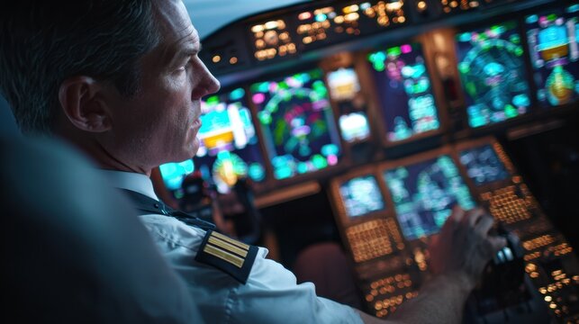 Professional airline pilot interacts with glass cockpit avionics monitoring altitude and speed indicators while seated in ergonomic flight deck environment.