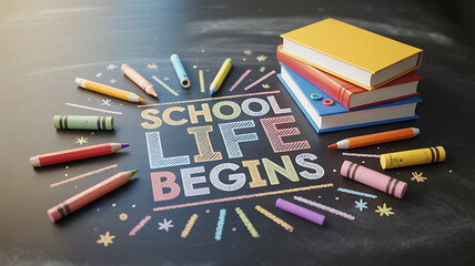 Excitedly dive into the new school year with colorful crayons, pencils, and books spelling out 'School Life Begins' on a textured chalkboard.