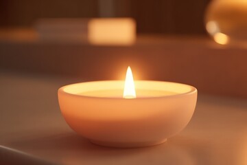 Aromatic candle burns on table in spa procedure salon. Small warm flame creating coziness and relaxing atmosphere in meditation studio. Accessory for aromatherapy treatment and mindfulness