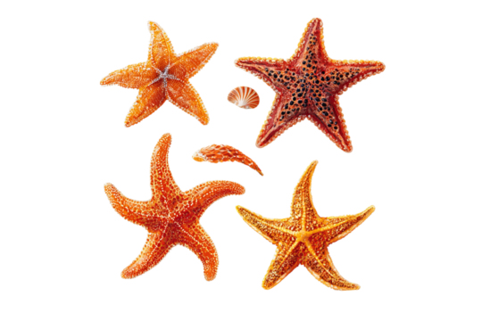 5 different types of sea stars, clip art style, white isolated on a transparent background in PNG format.