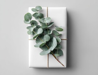 A white gift box adorned with eucalyptus sprigs