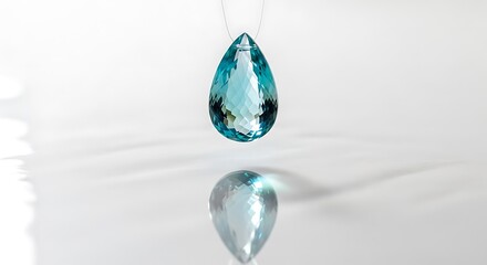 An elegant faceted teardrop-cut precious gemstone in a vibrant aqua color, suspended with its reflection on a glossy white surface.