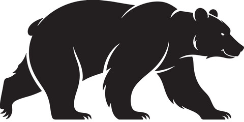 Black silhouette illustration of a walking grizzly bear white background
