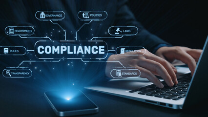Obraz premium Compliance ensures alignment with standards, laws, and policies. A strong compliance system helps enforce regulation, protect organizations, and improve global compliance transparency. Elide
