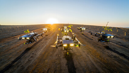 Drone Planting at Sunrise Innovative Agriculture Technology for Reforestation and Sustainable Farming