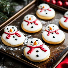 Snowman cookies with white icingon a baking sheet in the kitchen