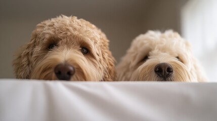 Dogs with inquisitive faces peering from behind a barrier, warm light creating inviting scene, suitable for veterinary promotions, animal education, or joyful pet visuals.