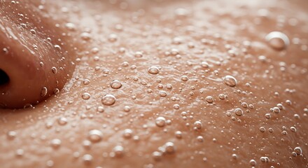Fototapeta premium Close-up of skin glistening with numerous water droplets, highlighting texture and moisture.