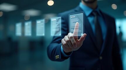 Digital Workspace: A modern professional interacts with an array of interactive digital interfaces, navigating a series of documents in a futuristic work environment.