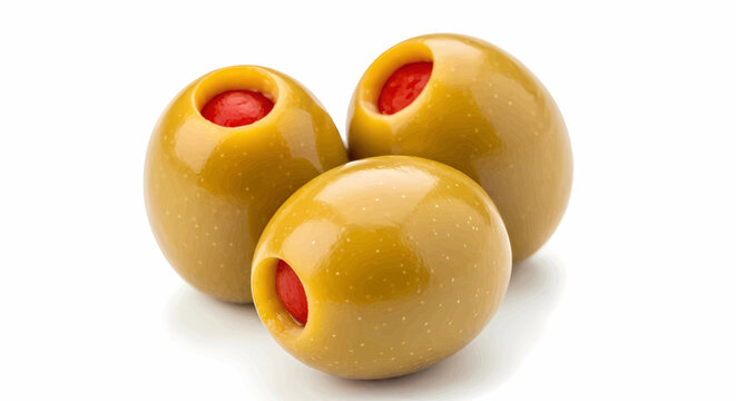 Three green pimento stuffed olives isolated on a white background, a vector illustration